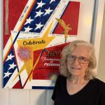 Wendy L Hildreth-Spence standing beside her painting Celebrate: 250th Anniversary of Freedom