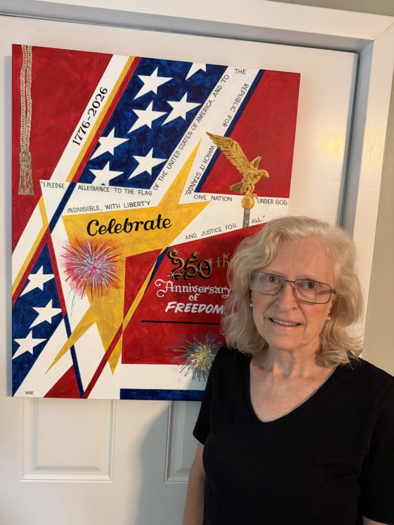 Wendy L Hildreth-Spence standing beside her painting Celebrate: 250th Anniversary of Freedom