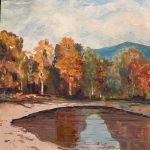 Painting of autumn trees in full color mirrored in the still water of a pond
