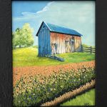 Painting of a weathered barn with a blue metal roof above a field of wildflowers