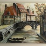 Painting of a stone bridge over a canal with steep-roofed houses and a moored boat