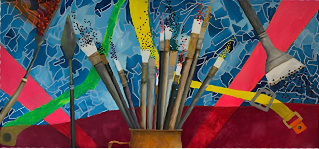 Wendy's painting of brushes in a jar against blue mosaic, crimson and yellow bands