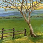 Tall narrow painting of a bare tree and a boulder in a green field at sunrise