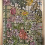 Painting of flowers and foliage built from a grid of small painted mosaic tiles
