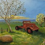 Painting of an old red pickup truck under a blossoming tree beside a green barn