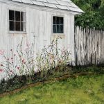 Painting of a white clapboard shed behind a picket fence with wildflowers