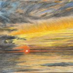 Painting of the sun dropping to the horizon under streaked gold and gray cloud