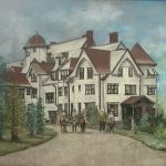 Painting of a large gabled country inn with horses and riders on the drive