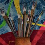 Painting of a jar of well-used paintbrushes against a bold geometric background