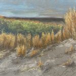 Painting of golden willows leaning over still water beneath a heavy gray sky